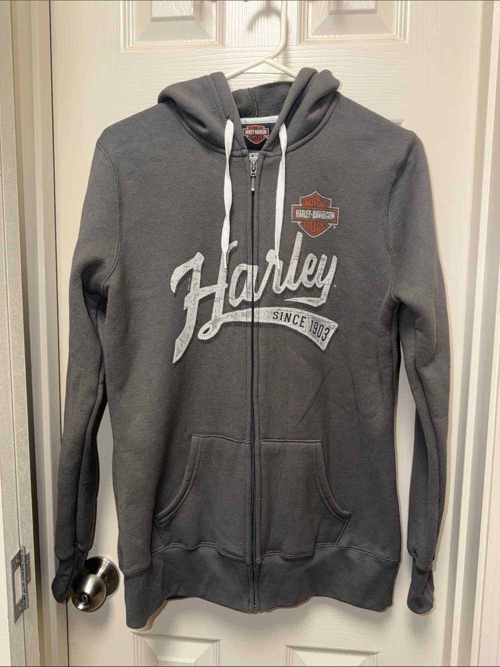 Harley-Davidson Charcoal Zip Hoodie with White Script and Orange Shield